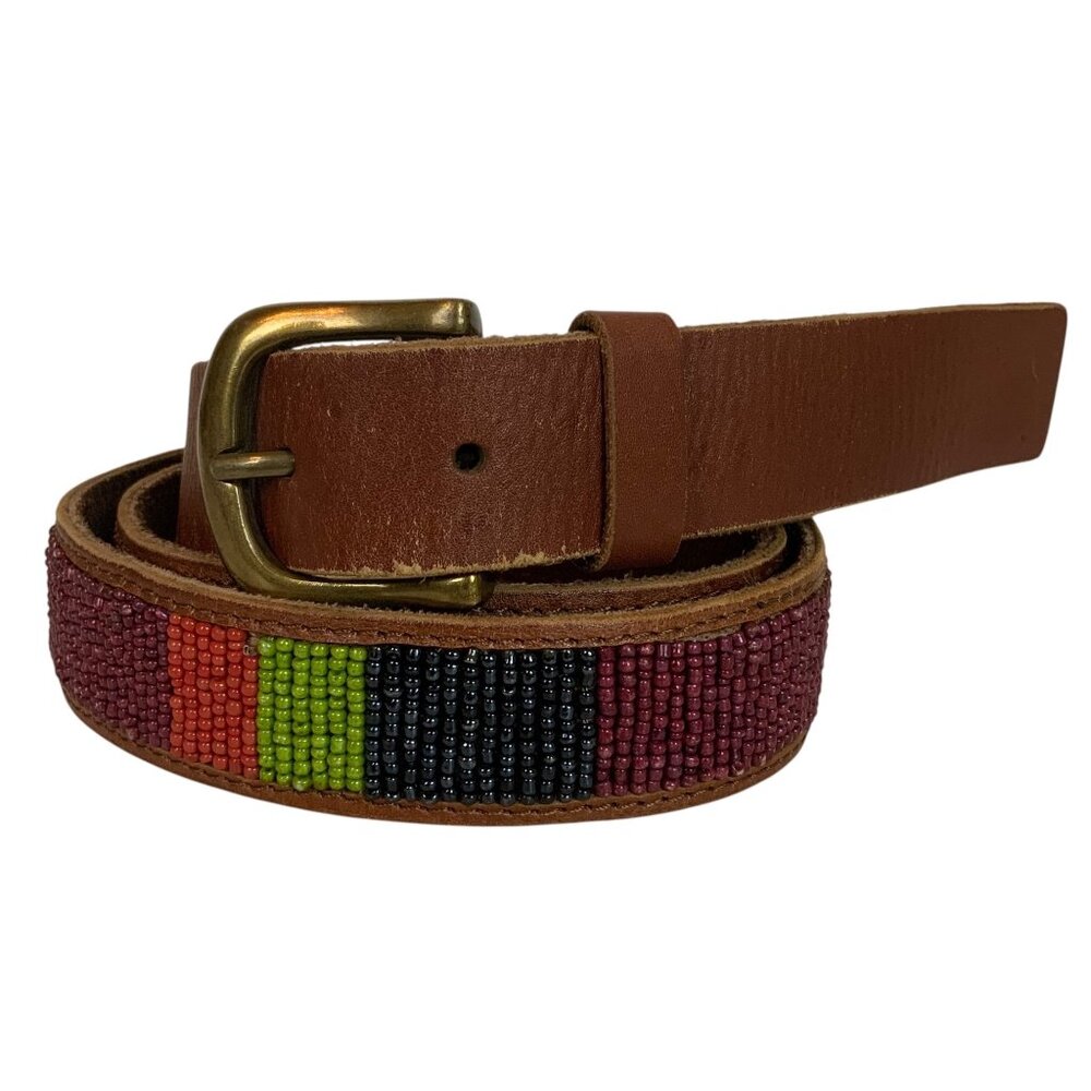 Lucky Brand Womens Leather Beaded Belt L/XL Multicolor Handmade